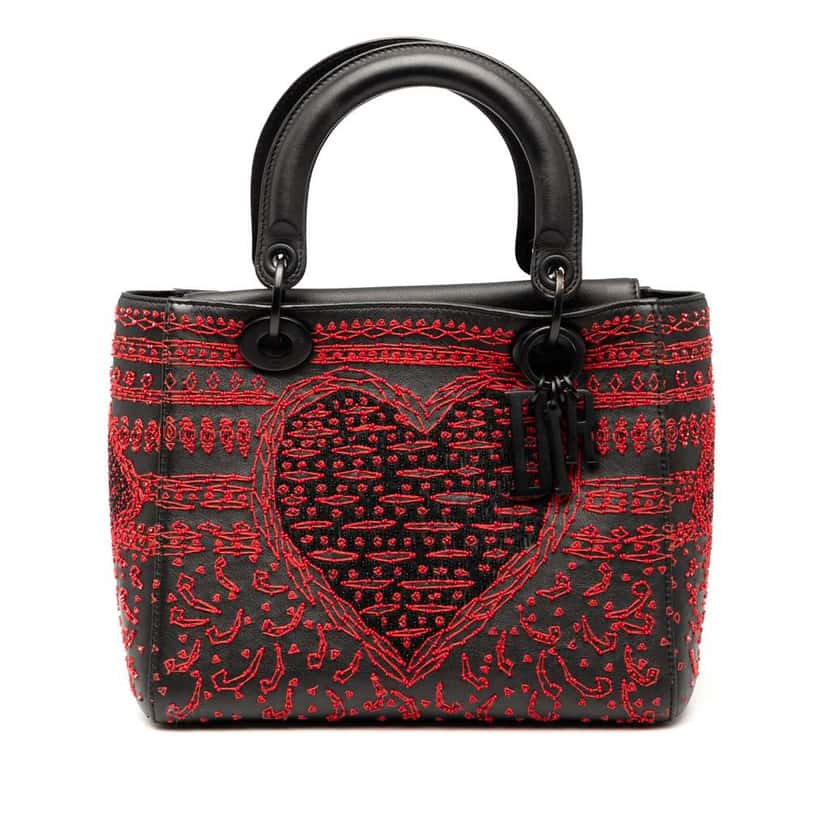 Dior Medium Smooth Calfskin Embroidered Heart Playing Cards Lady Dior Black Leather Very good condition - Front View