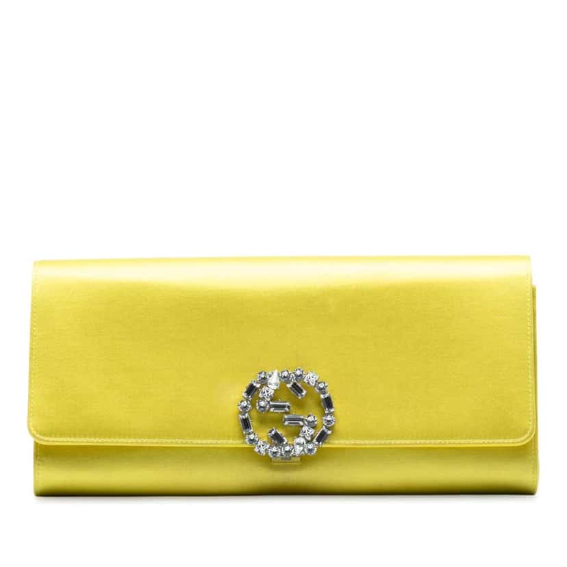 Gucci Satin Crystals Broadway Clutch Yellow Satin Good condition - Front View