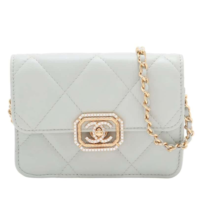 Chanel Quilted Lambskin Crystal Clutch on Chain Grey Leather Very good condition - Front View