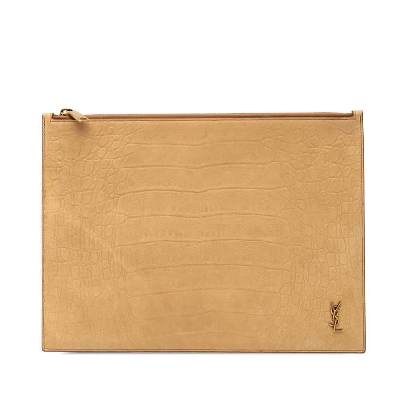 Saint Laurent Croc Embossed Leather Tiny Monogram Zipped Tablet Holder Brown Leather Good condition - Front View