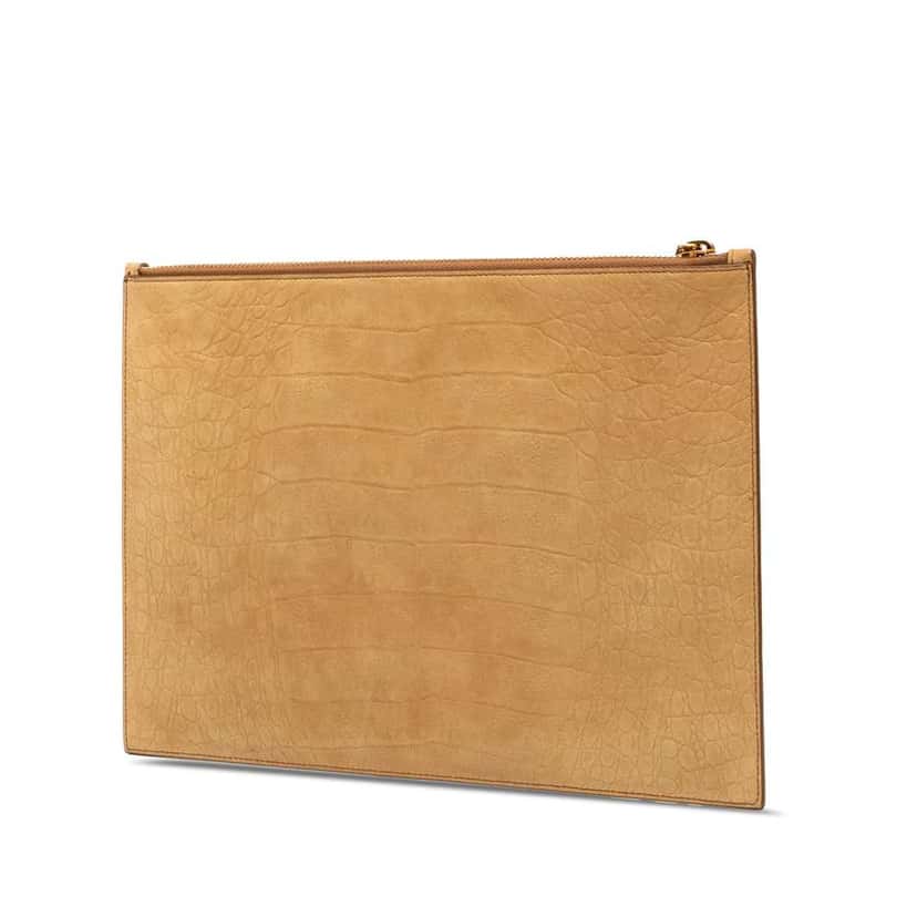 Saint Laurent Croc Embossed Leather Tiny Monogram Zipped Tablet Holder Brown Leather Good condition - Back View