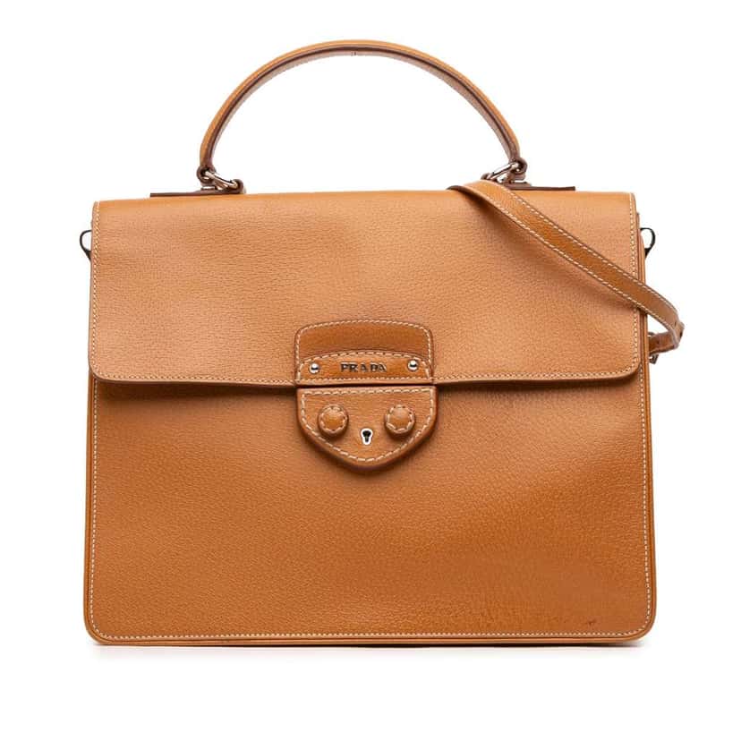 Prada Cinghiale Pattina Lock Top Handle Bag Brown Leather Good condition - Front View
