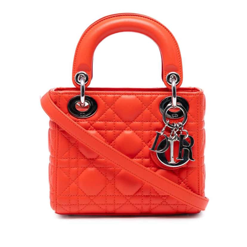 Dior Mini Lambskin Cannage Lady Dior Orange Leather Good condition - Front View