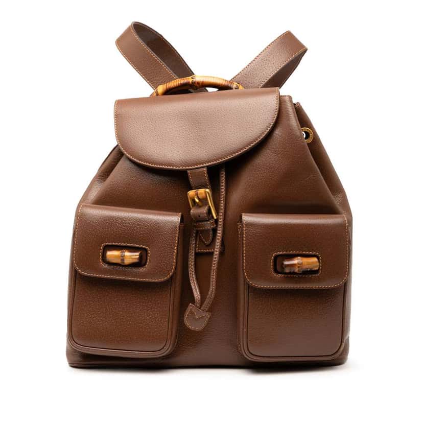 Gucci Calfskin Bamboo Drawstring Backpack Brown Leather Good condition - Front View