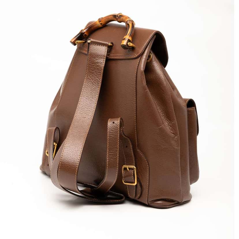 Gucci Calfskin Bamboo Drawstring Backpack Brown Leather Good condition - Back View
