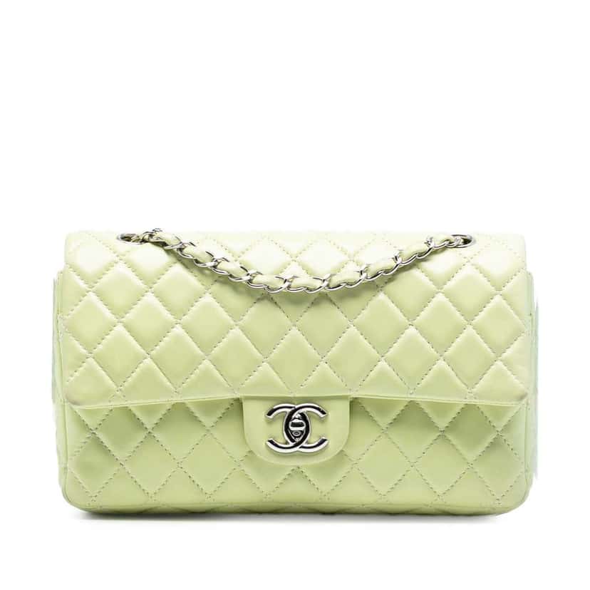 Chanel Medium Classic Lambskin Double Flap Green Leather Good condition - Front View