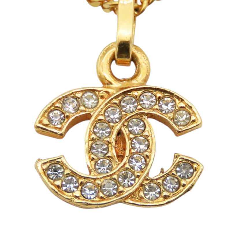 Chanel Gold Plated Crystal CC Pendant Necklace Gold Metal Good condition - Front View
