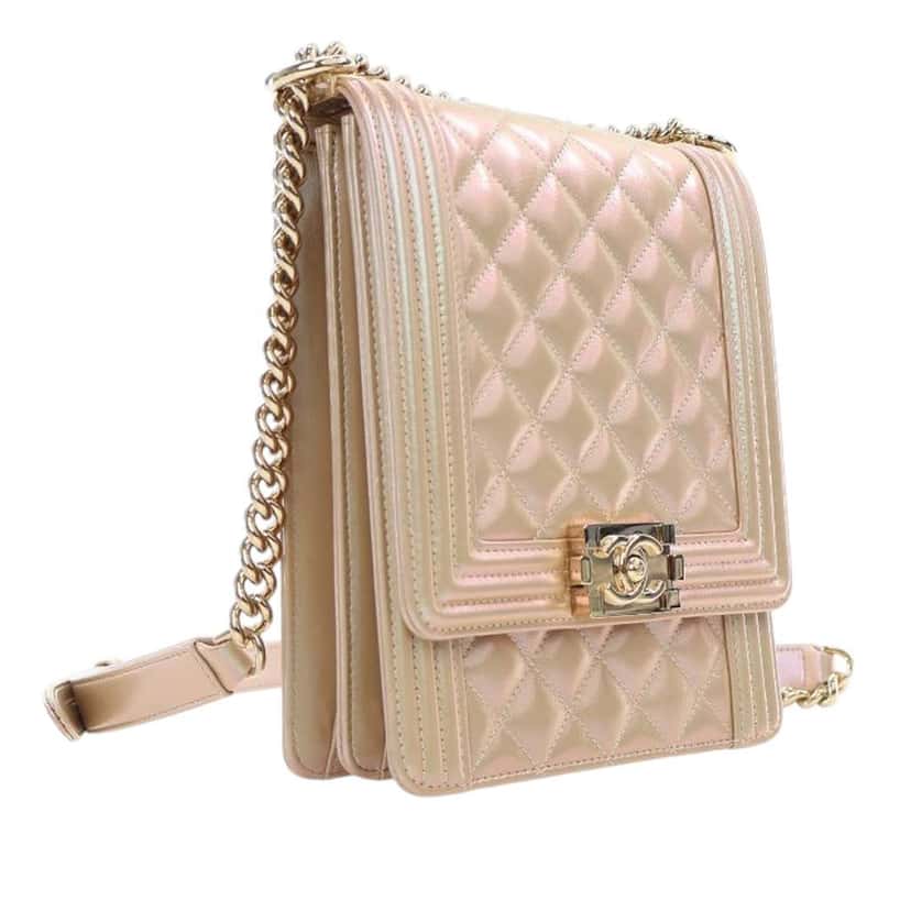 Chanel Quilted Iridescent Calfskin North South Boy Flap Gold Leather Good condition - Back View