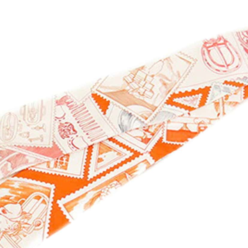 Hermès Le Philateliste du Faubourg Silk Twilly Scarf Orange Silk Very good condition - Box View