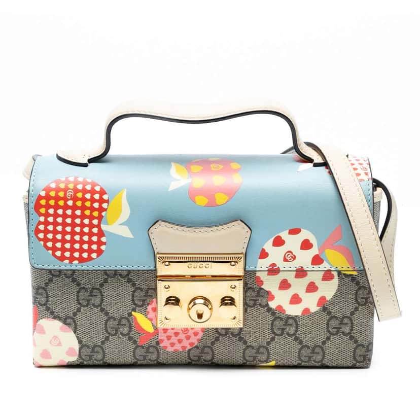 Gucci Mini GG Supreme Monogram Les Pommes Padlock Satchel Brown Canvas Good condition - Front View