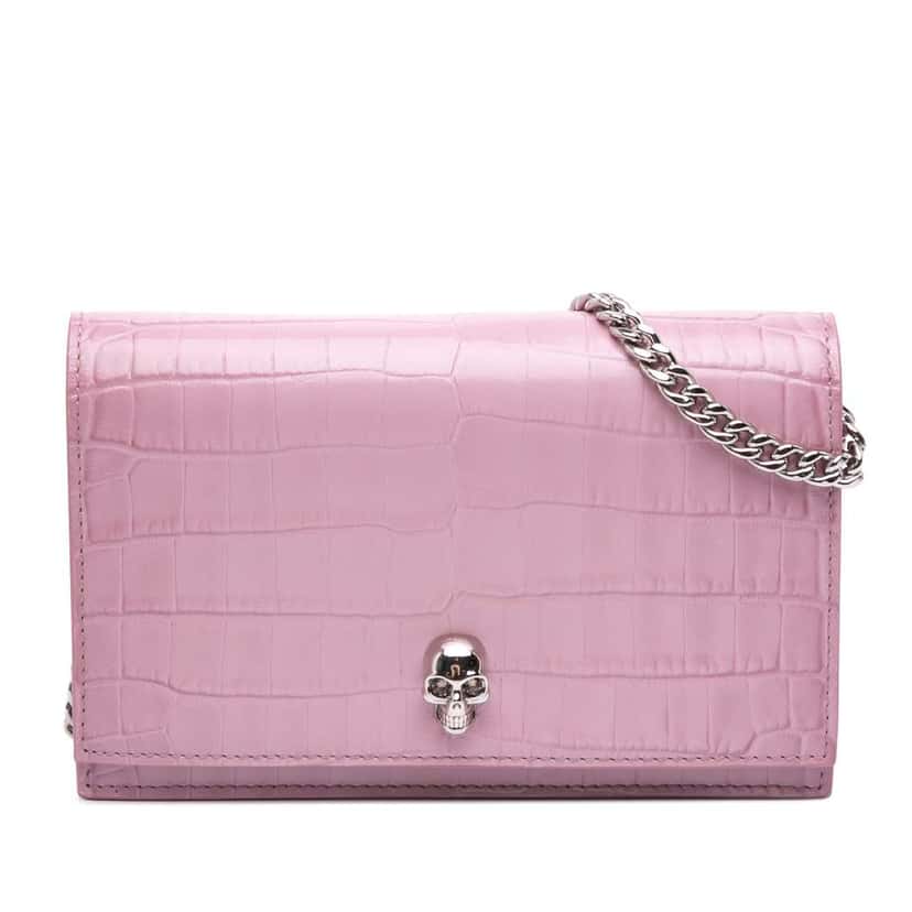 Alexander Mcqueen Small Crocodile Embossed Calfskin Skull Crossbody Pink Leather Good condition - Front View