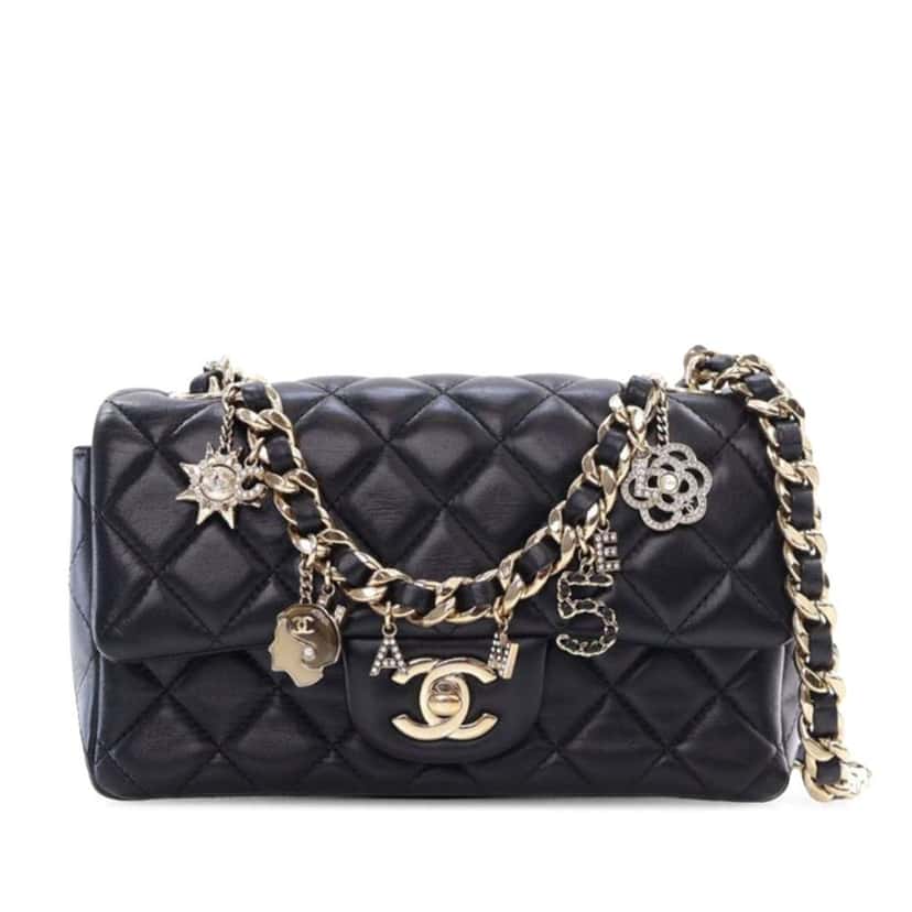 Chanel Mini Rectangular Classic Lambskin Coco Charms Single Flap Black Leather Good condition - Front View