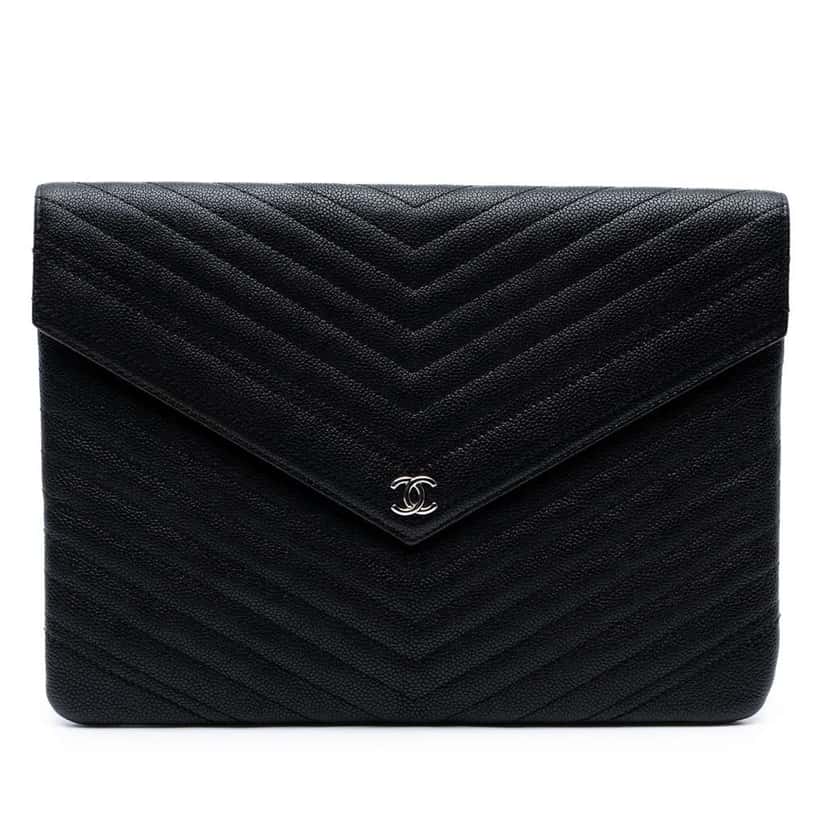 Chanel Medium Chevron Caviar Envelope Clutch Black Leather Good condition - Front View