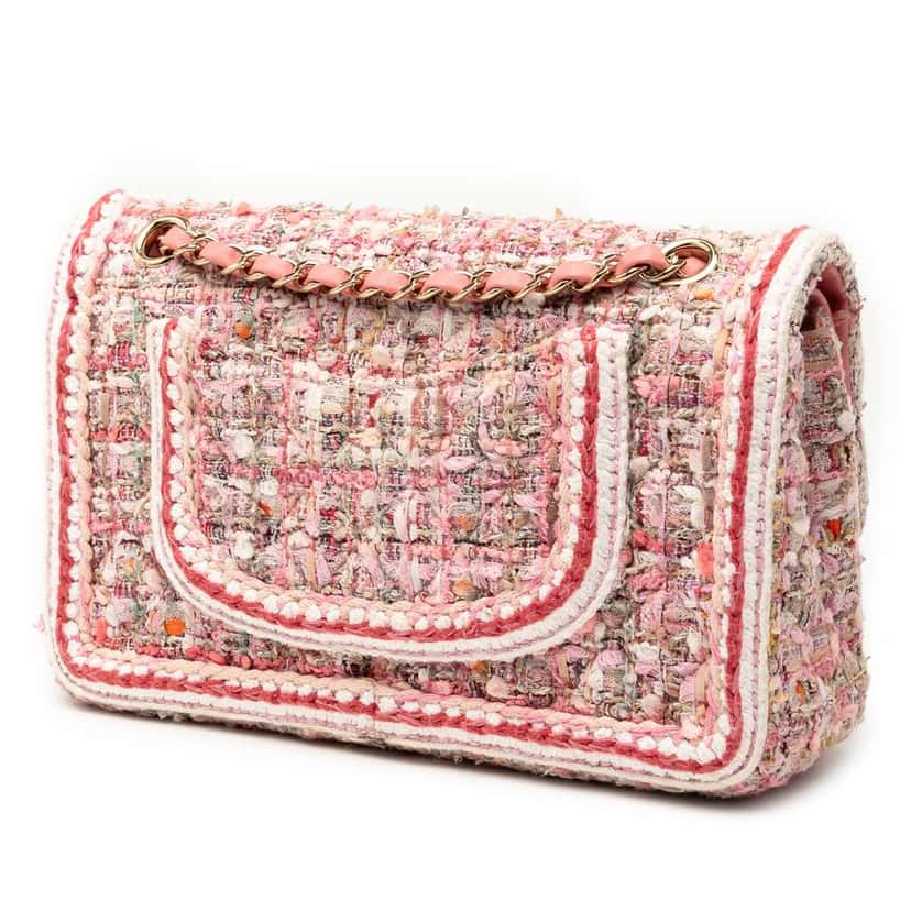 Chanel Medium Classic Quilted Tweed Braided Double Flap Pink Tweed Good condition - Back View