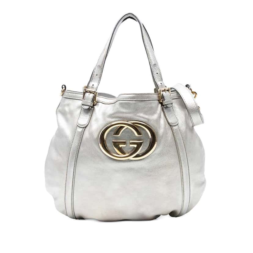 Gucci Medium Metallic Calfskin Web Britt Satchel Silver Leather Good condition - Front View