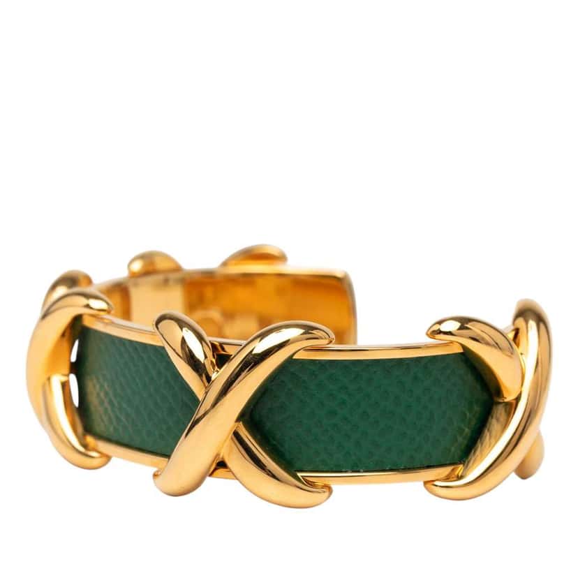 Hermès Gold Plated and Leather Criss Cross Cuff Bracelet Gold Metal Good condition - Back View