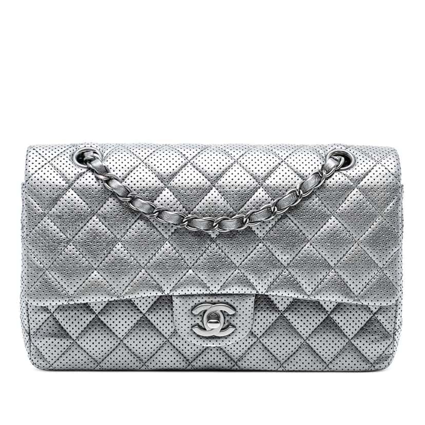 Chanel Medium Classic Perforated Lambskin Double Flap Silver Leather Good condition - Front View