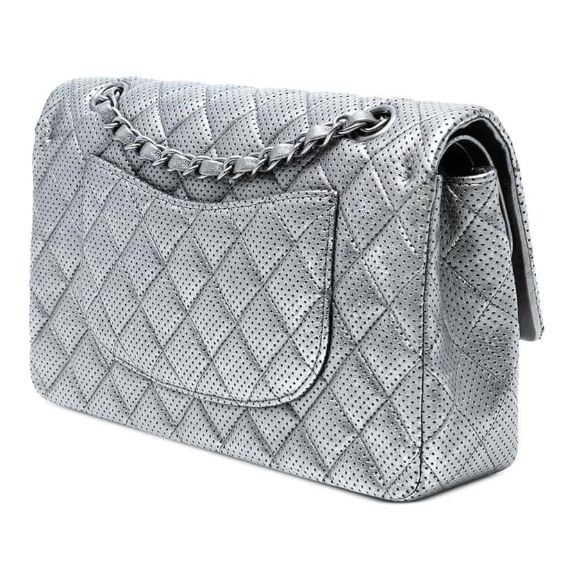 Chanel Medium Classic Perforated Lambskin Double Flap Silver Leather Good condition - Back View