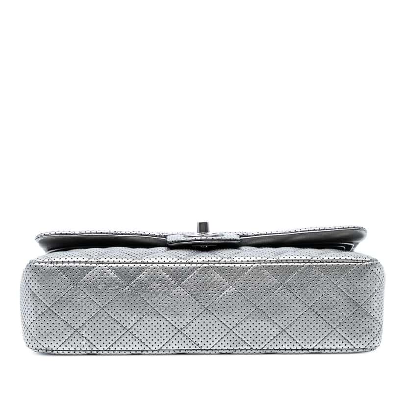 Chanel Medium Classic Perforated Lambskin Double Flap Silver Leather Good condition - Inside View