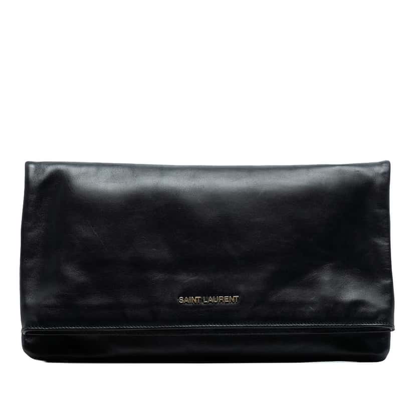 Saint Laurent Leather Letters Fold Over Clutch Black Leather Good condition - Front View