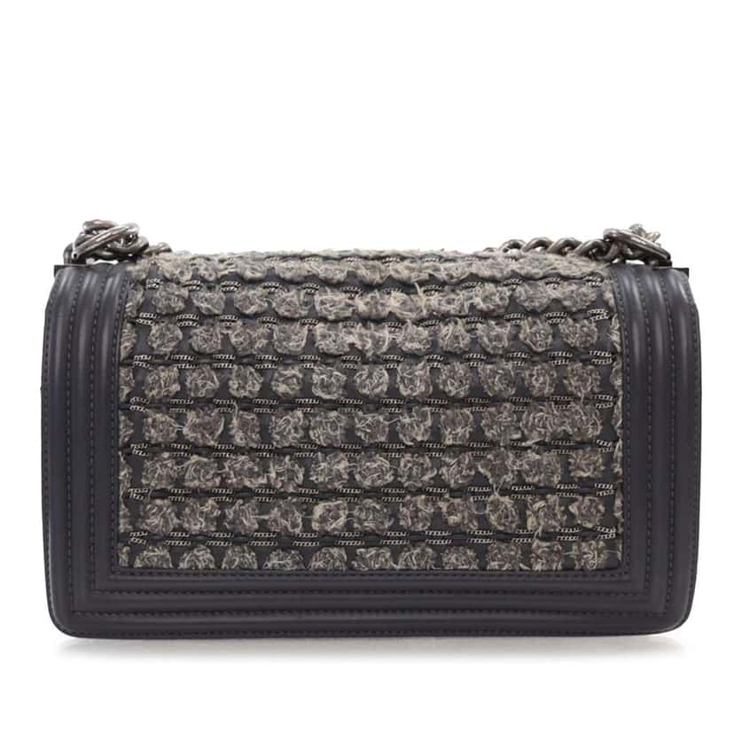 Chanel Old Medium Braided Tweed and Calfskin Boy Flap Grey Tweed Good condition - Back View