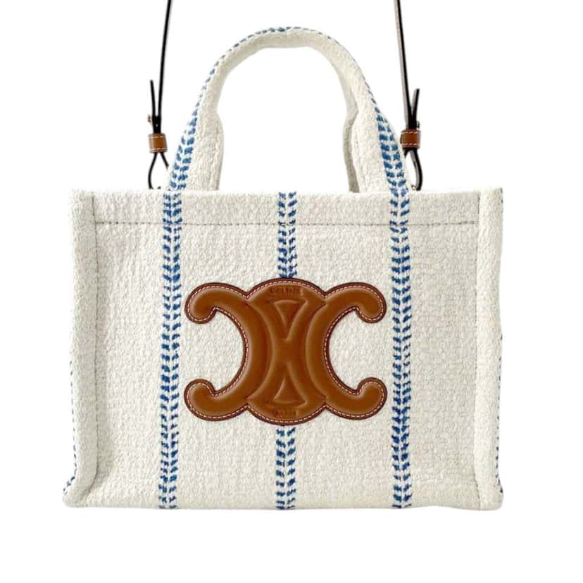 Celine Small Wool Cuir Triomphe Stripe Cabas Thais Satchel White Wool Good condition - Front View