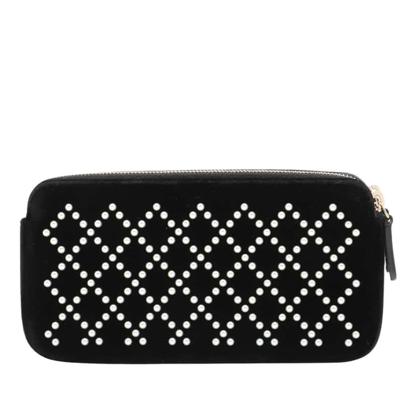 Chanel Velour Pearl Embellished Double Zip Clutch with Chain Black Velvet Good condition - Back View