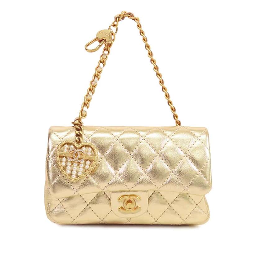 Chanel Mini Classic Metallic Calfskin Charm Double Flap Gold Leather Good condition - Front View