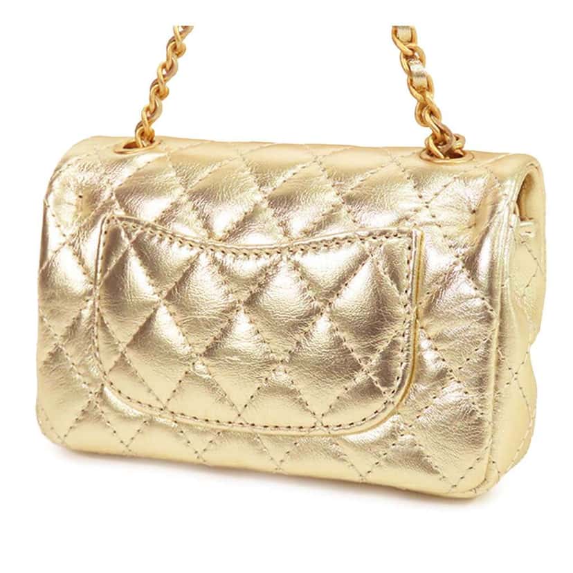 Chanel Mini Classic Metallic Calfskin Charm Double Flap Gold Leather Good condition - Back View