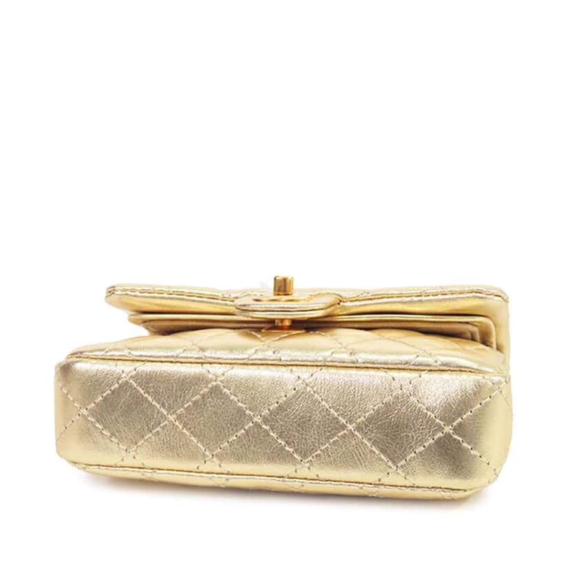 Chanel Mini Classic Metallic Calfskin Charm Double Flap Gold Leather Good condition - Inside View