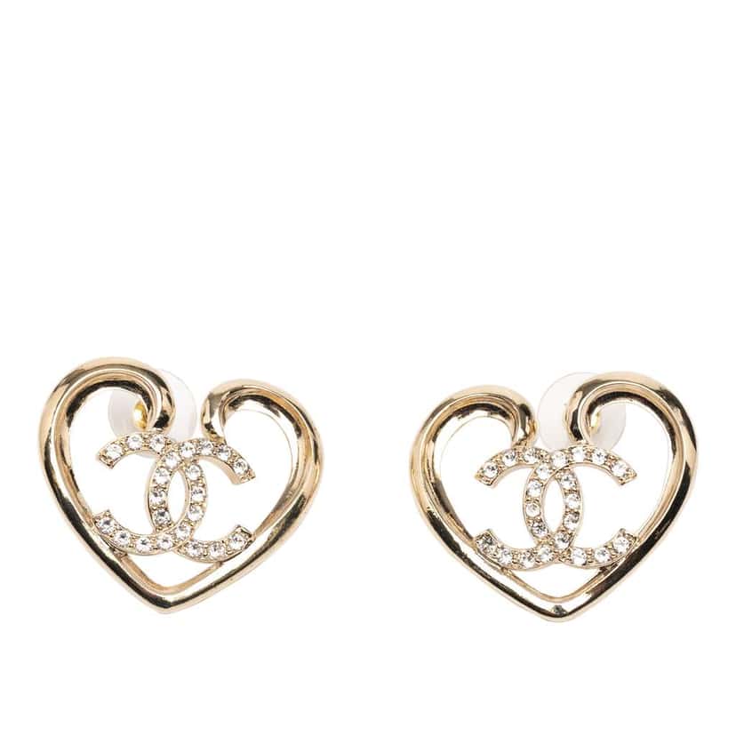 Chanel Gold Plated CC Rhinestone Heart Push Back Earrings Gold Metal Good condition - Front View