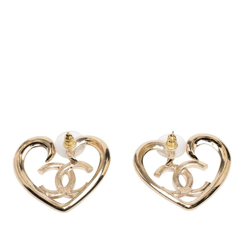 Chanel Gold Plated CC Rhinestone Heart Push Back Earrings Gold Metal Good condition - Back View