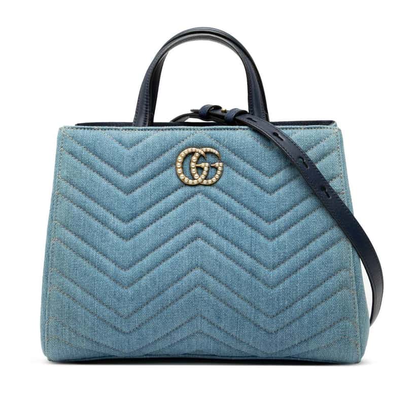 Gucci Small GG Marmont Matelasse Denim Pearly Satchel Blue Denim Very good condition - Front View