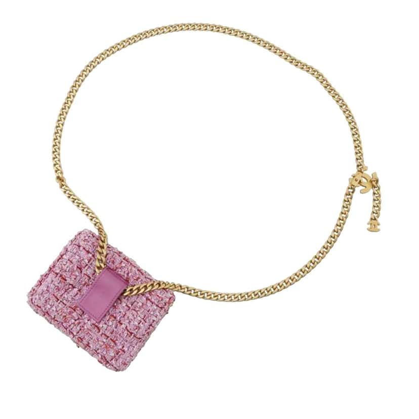 Chanel CC Quilted Tweed Flap Chain Belt Bag Pink Tweed Good condition - Back View