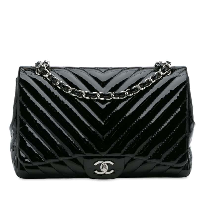 Chanel Jumbo Classic Chevron Patent Single Flap Black Leather Good condition - Front View