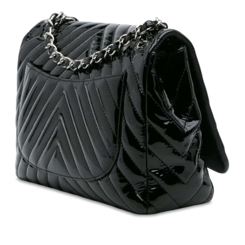 Chanel Jumbo Classic Chevron Patent Single Flap Black Leather Good condition - Back View