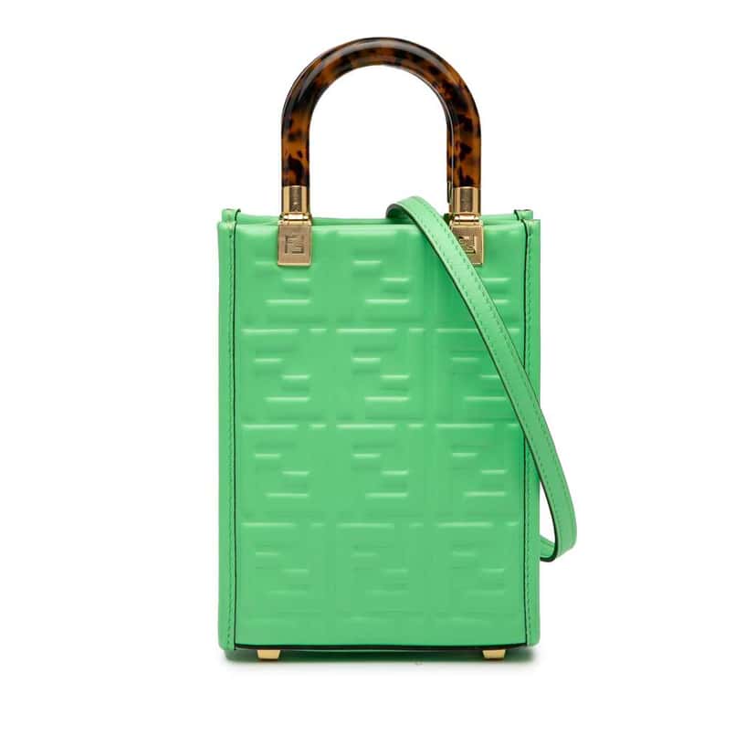 Fendi Mini Zucca Embossed Leather Sunshine Shopper Tote Green Leather Good condition - Front View