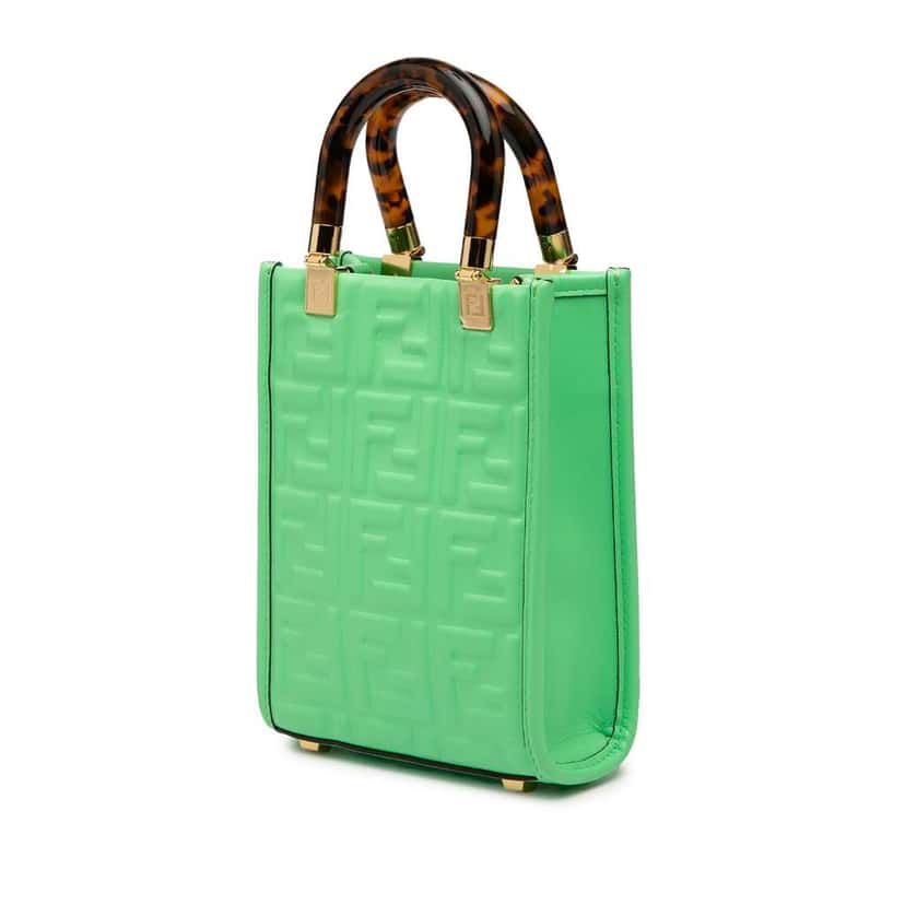 Fendi Mini Zucca Embossed Leather Sunshine Shopper Tote Green Leather Good condition - Back View