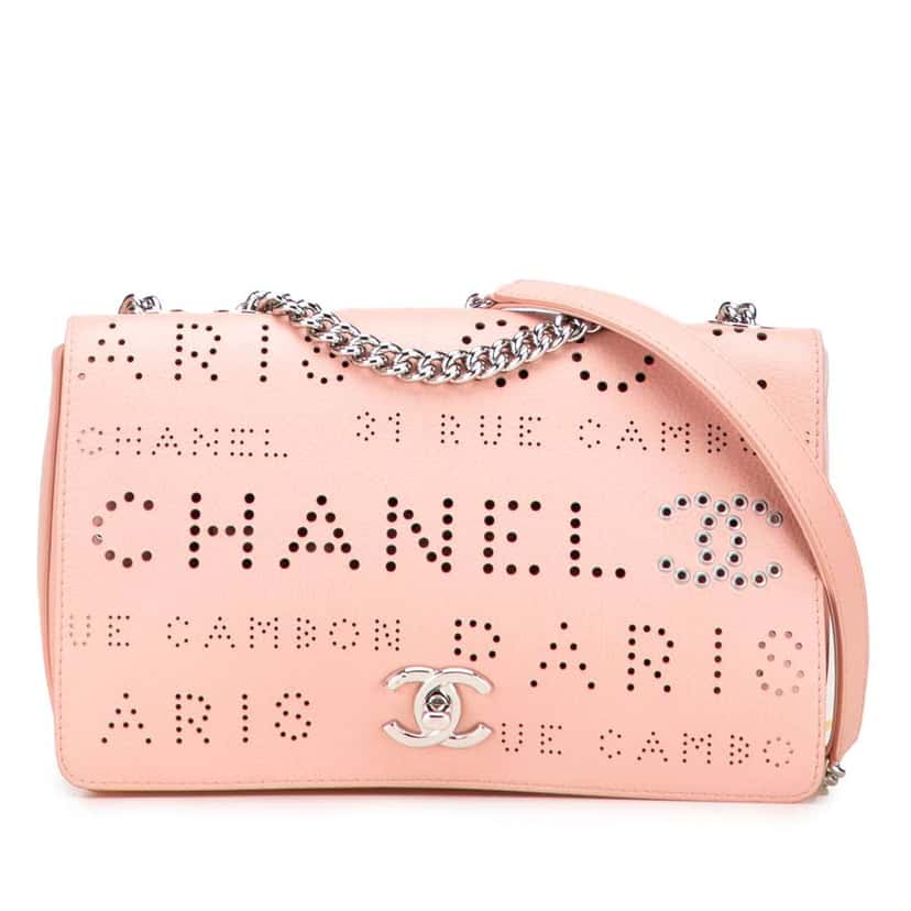 Chanel Perforated Calfskin Logo Eyelet Flap Bag Pink Leather Good condition - Front View