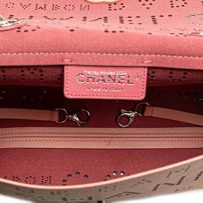 Chanel Perforated Calfskin Logo Eyelet Flap Bag Pink Leather Good condition - Model View