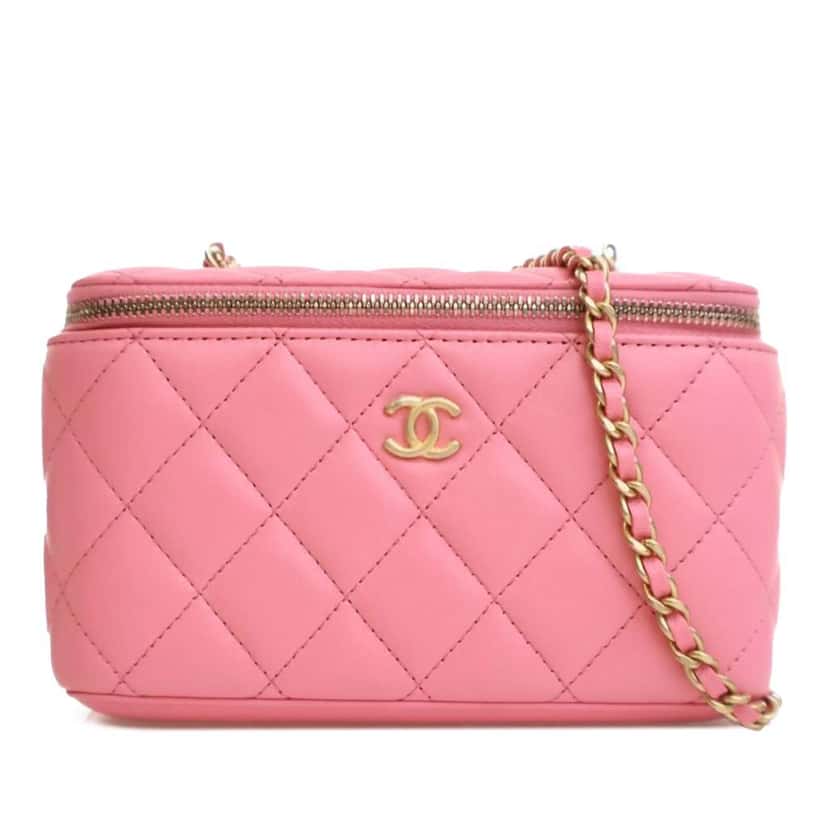 Chanel Small Quilted Lambskin Pearl Crush Vanity Case with Chain Pink Leather Good condition - Front View