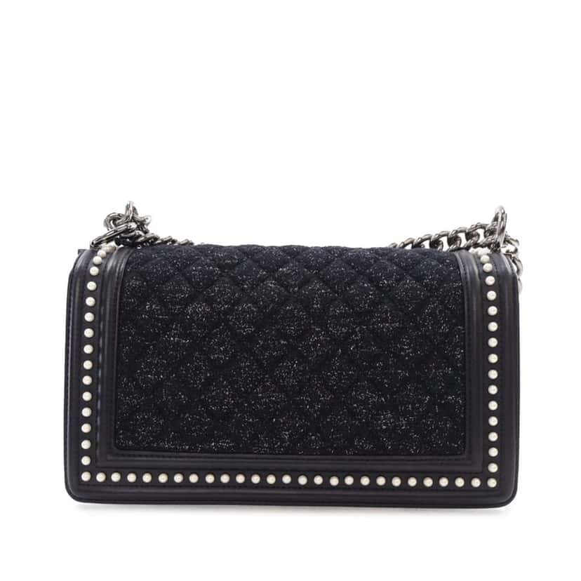 Chanel Old Medium Quilted Tweed and Calfskin Pearl Boy Flap Black Tweed Good condition - Back View