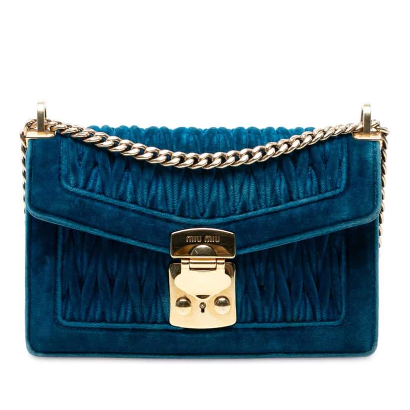 Miu Miu Velluto Matelasse Confidential Chain Crossbody Blue Velvet Good condition - Front View