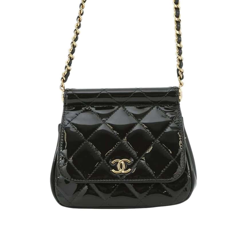 Chanel CC Quilted Patent Frame Flap Clutch with Chain Black Leather Good condition - Front View