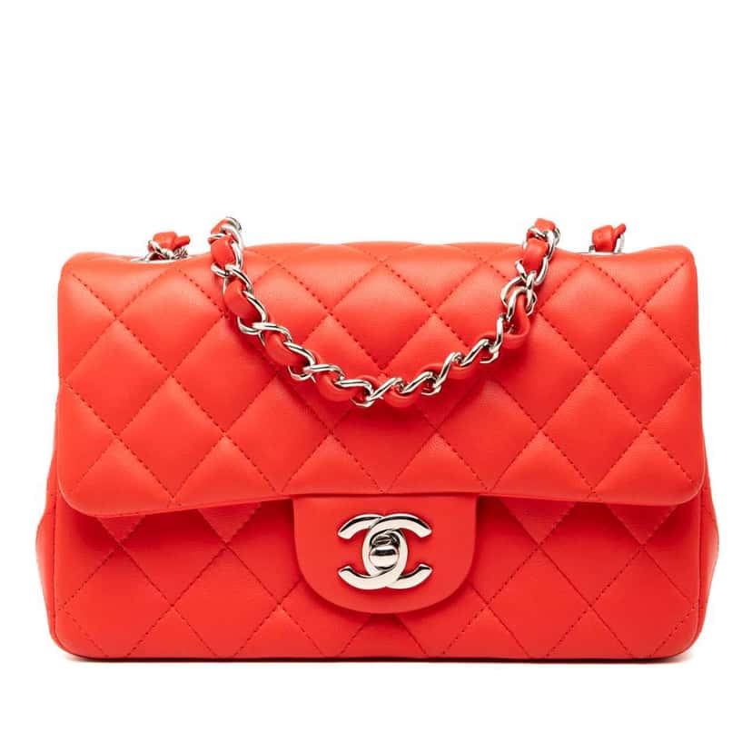 Chanel Mini Rectangular Classic Lambskin Single Flap Red Leather Good condition - Front View
