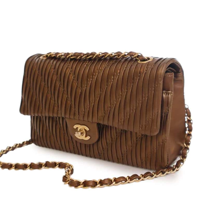 Chanel Medium Classic Chevron Calfskin Pleated Double Flap Brown Leather Good condition - Box View