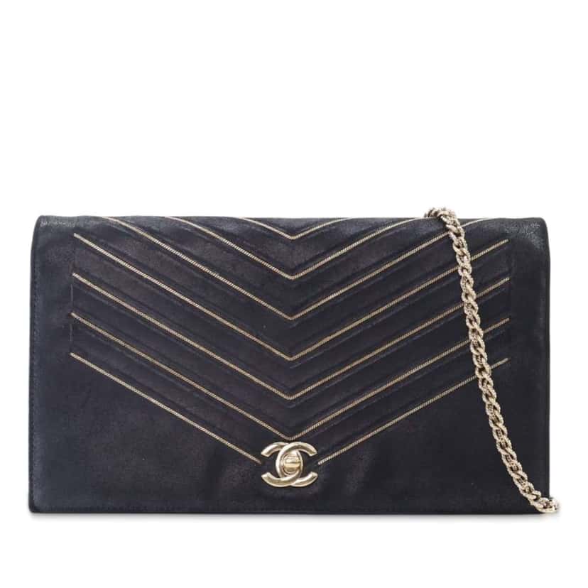 Chanel Chevron Nubuck Micro Chain Embellished Flap Black Leather Good condition - Front View