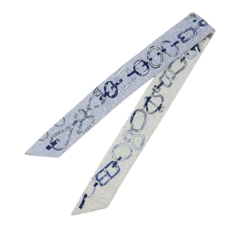 Hermès Do Re Boucles Broderie Anglaise Embroidered Silk Twilly Scarf Blue Silk Very good condition - Back View