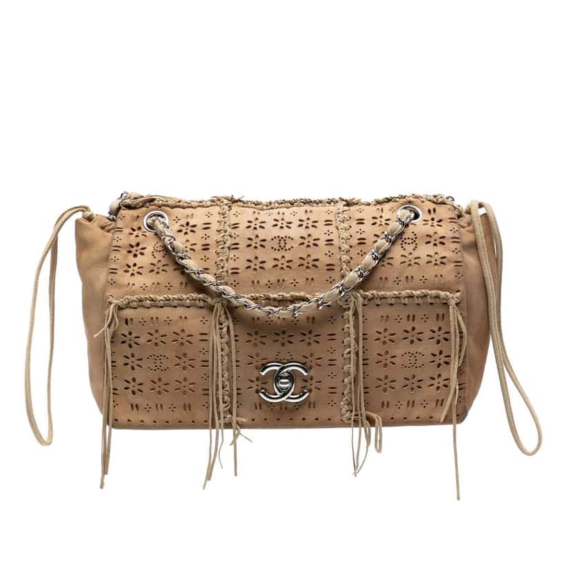 Chanel Perforated Suede Fringe Flap Brown Leather Good condition - Front View