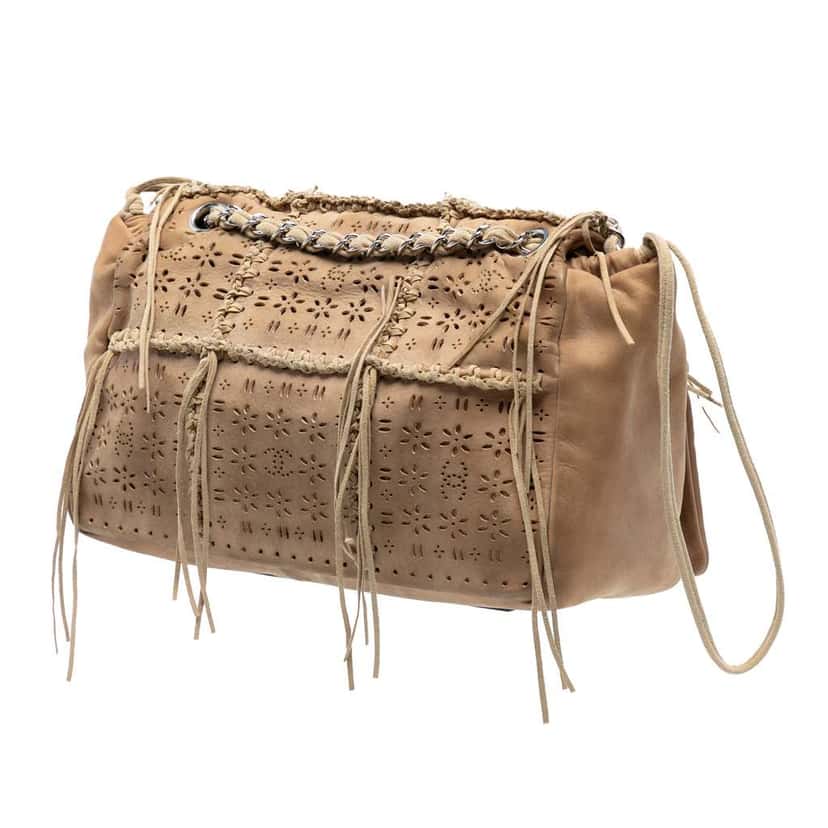 Chanel Perforated Suede Fringe Flap Brown Leather Good condition - Back View